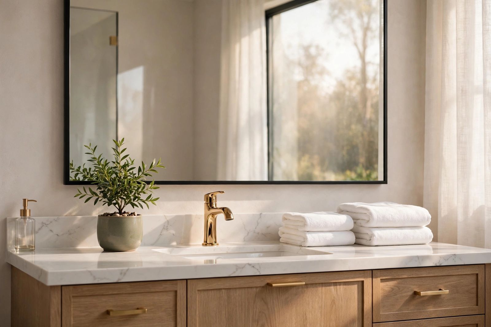 Sparkling clean bathroom vanity with a polished mirror