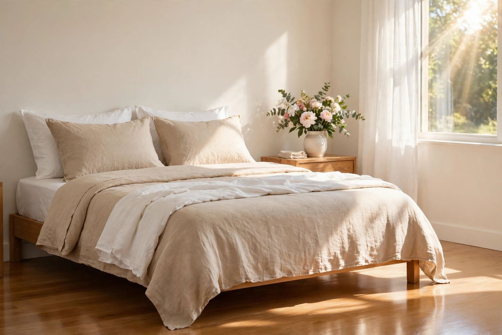 Sunlit bedroom with a freshly made bed after a professional clean